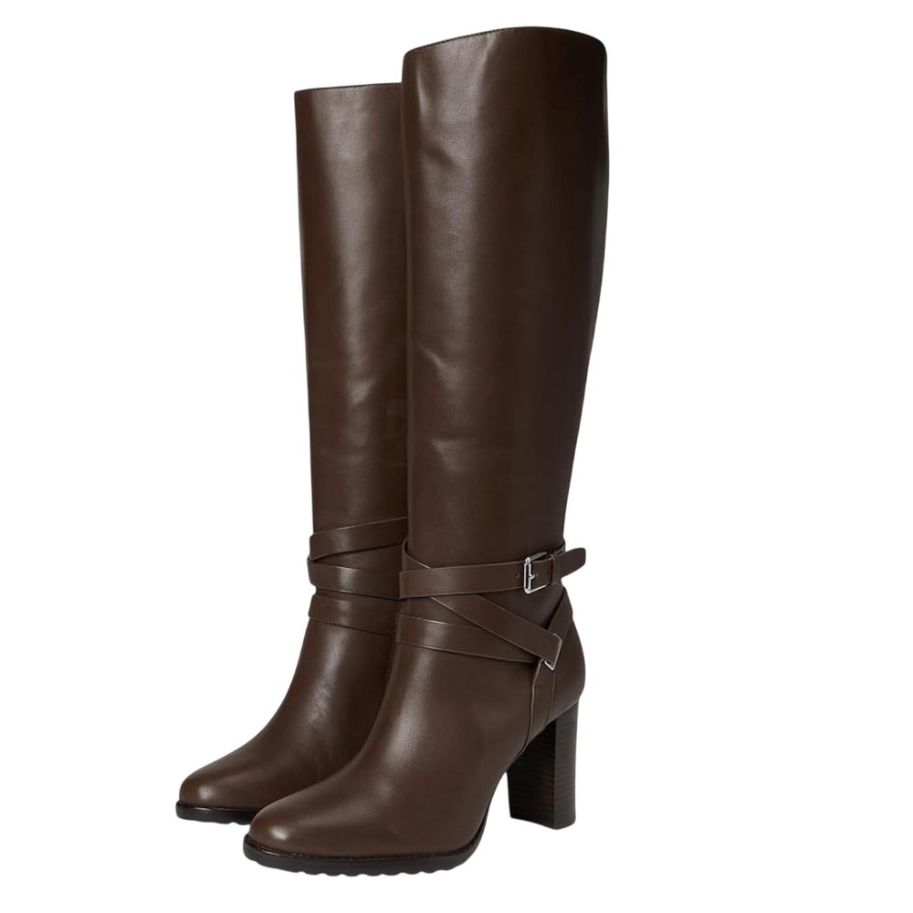 Lauren Ralph Lauren Brown Leather Equestrian Tall Block Heel Boots Buckle Detail